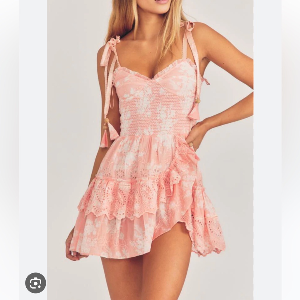 Loveshackfancy Olani Smocked Ruffles Eyelets Cute Tie Shoulder Mini Dress